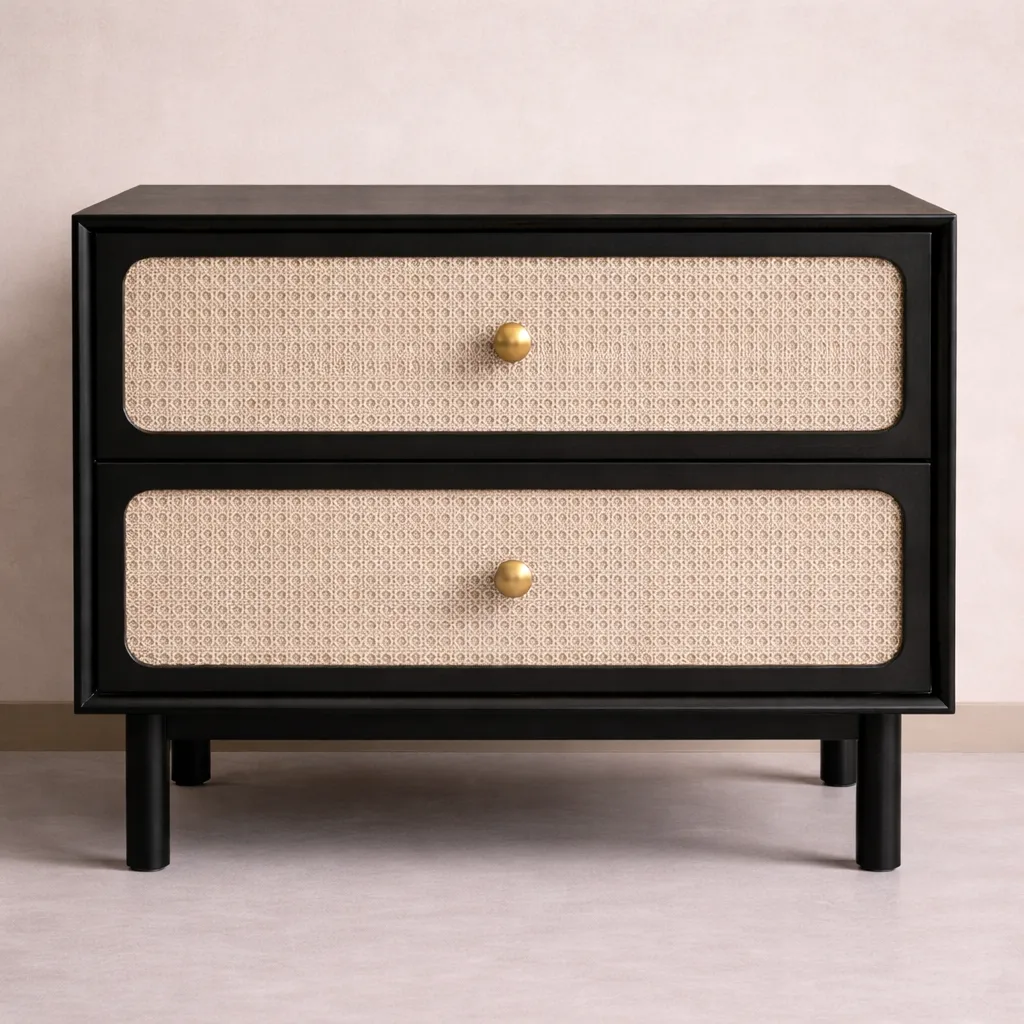 Black Wooden Nightstand with Woven Fabric Drawer Fronts
