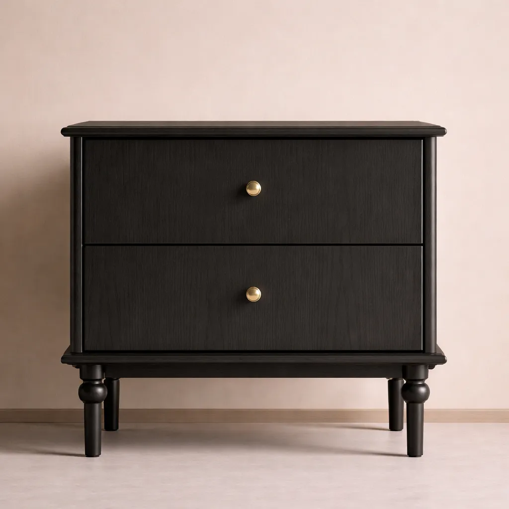 Modern Black Wooden Nightstand with Gold Knobs