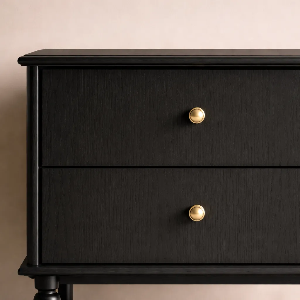 Modern Black Wooden Nightstand with Gold Knobs