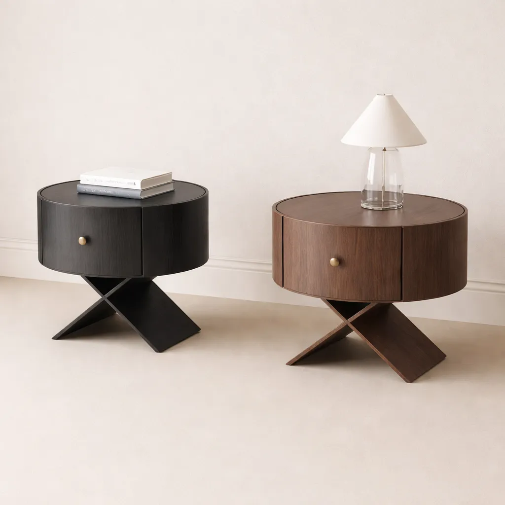 Modern Round Wooden Bedside Table with Storage Drawer