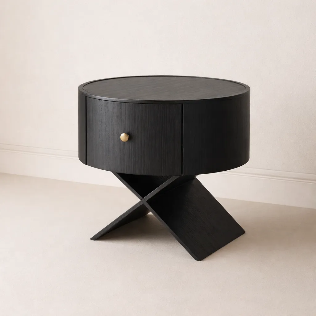 Modern Round Wooden Bedside Table with Storage Drawer