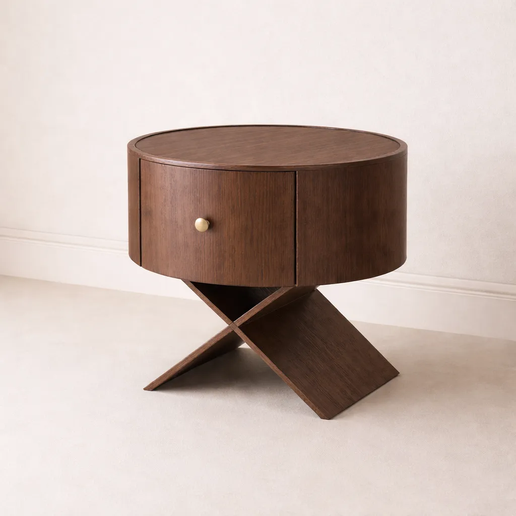 Modern Round Wooden Bedside Table with Storage Drawer