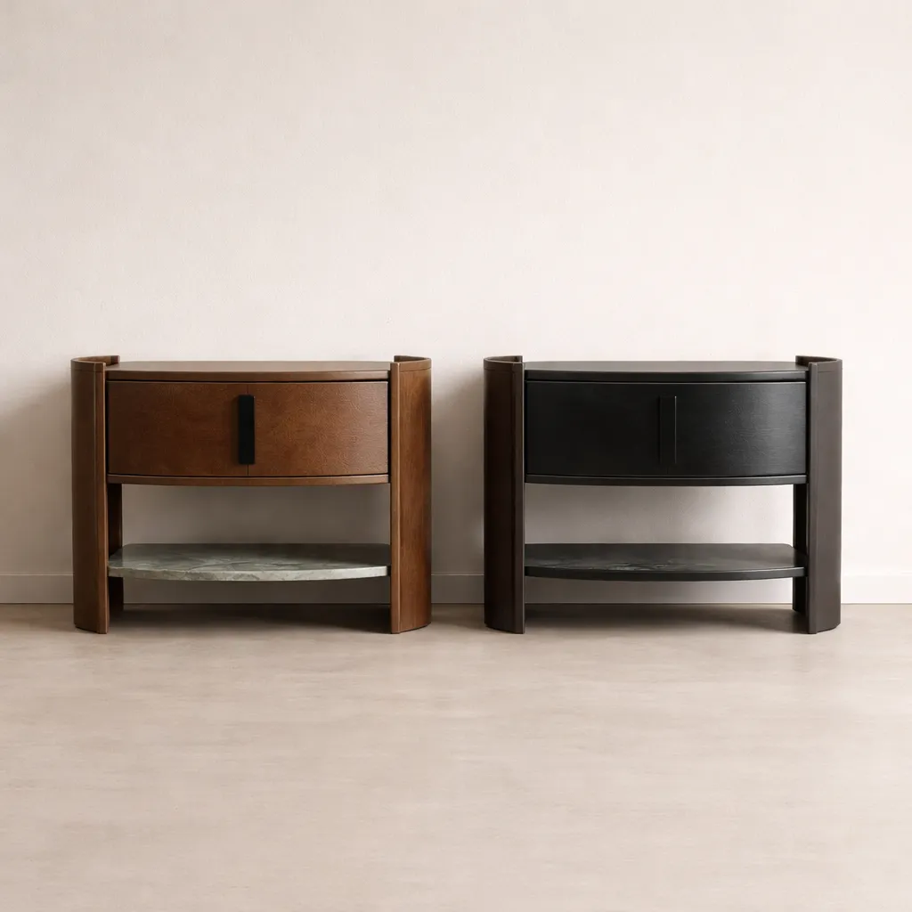 Modern Curved Nightstand with Wooden Marble Shelf &amp; Drawer
