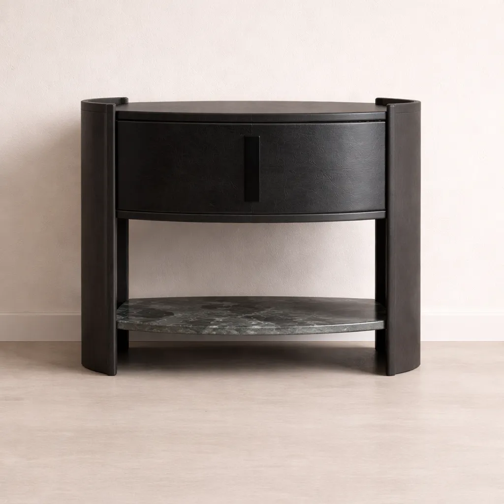 Modern Curved Nightstand with Wooden Marble Shelf & Drawer