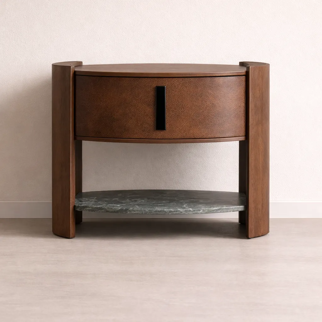Modern Curved Nightstand with Wooden Marble Shelf & Drawer