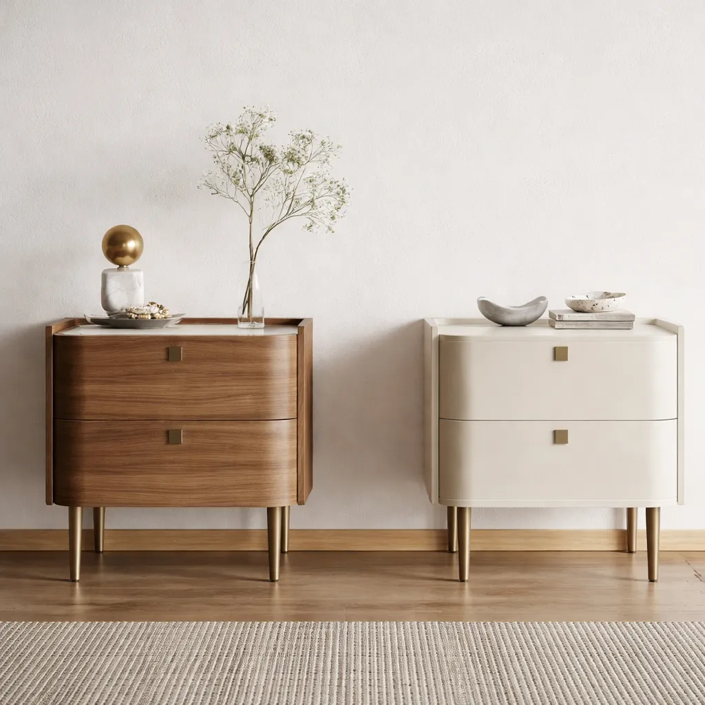 Modern Curved Wooden Nightstand with Marble Top & Gold Legs