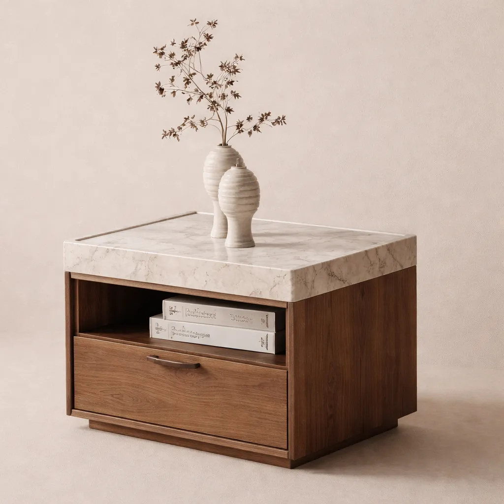 Modern Wooden Nightstand with Marble Top &amp; Open Shelf Storage