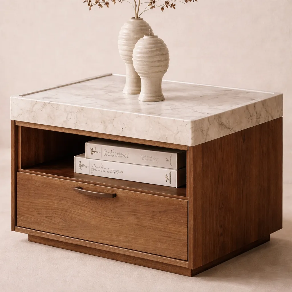 Modern Wooden Nightstand with Marble Top & Open Shelf Storage