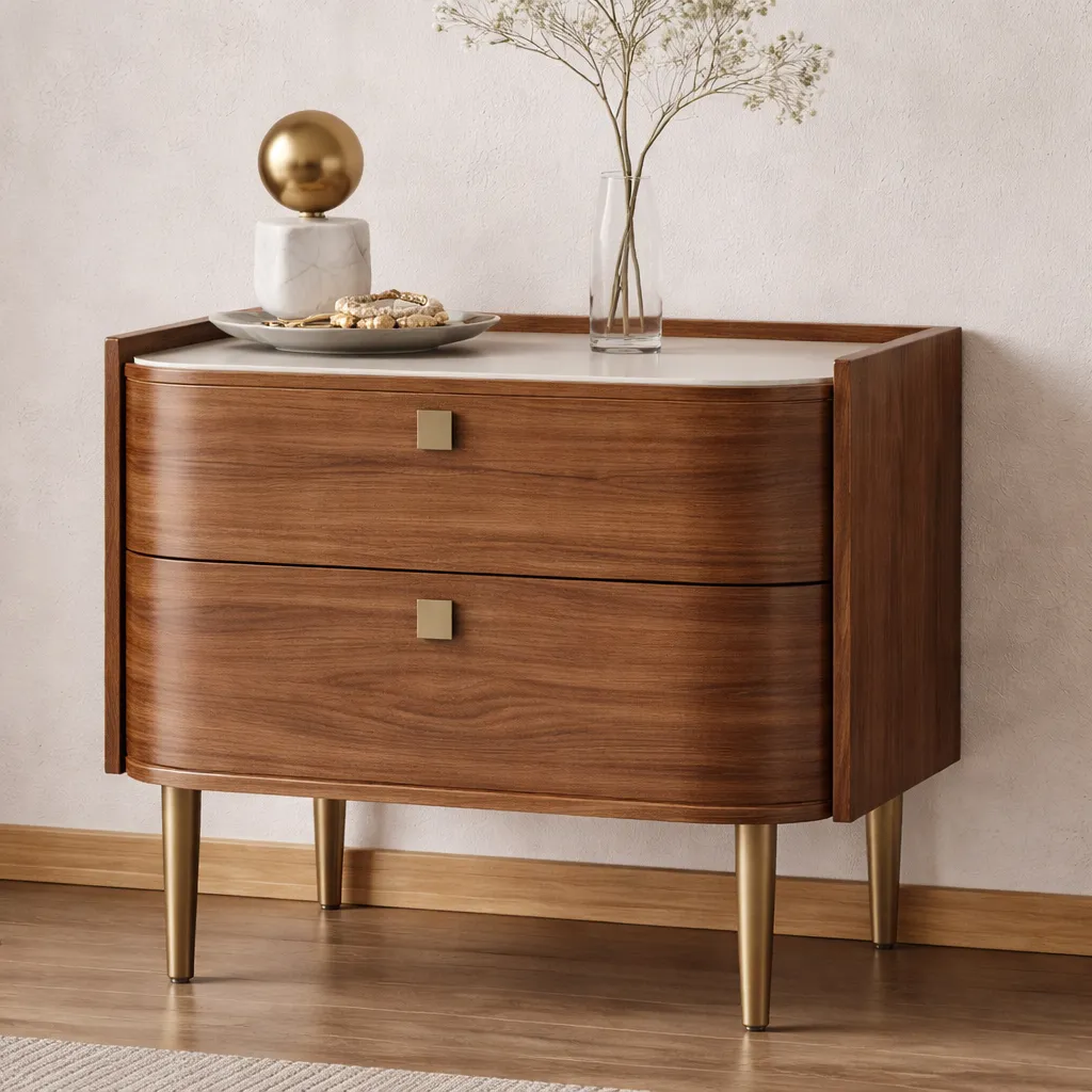 Modern Curved Wooden Nightstand with Marble Top &amp; Gold Legs