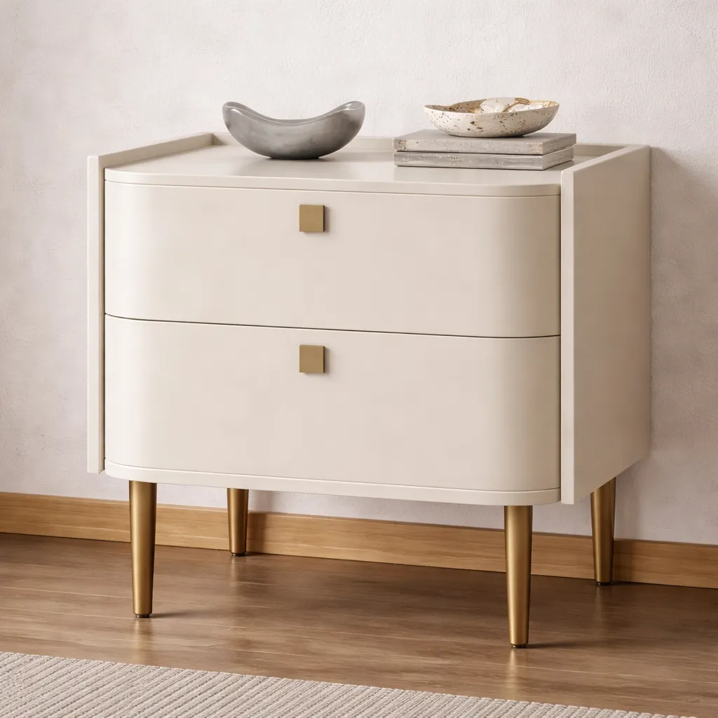 Modern Curved Wooden Nightstand with Marble Top & Gold Legs