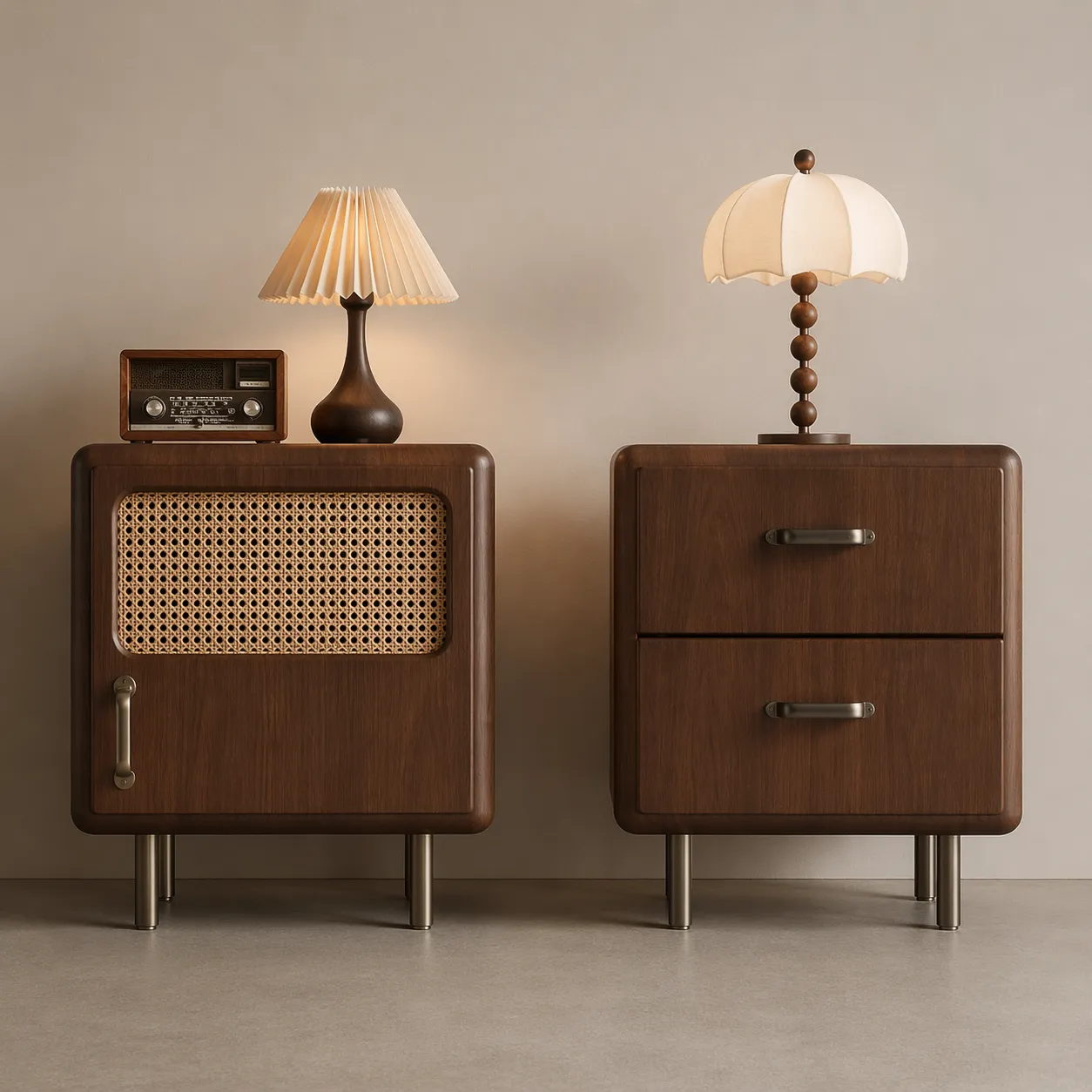 Retro Wooden Nightstand Set with Rattan Panel &amp; Drawer Storage
