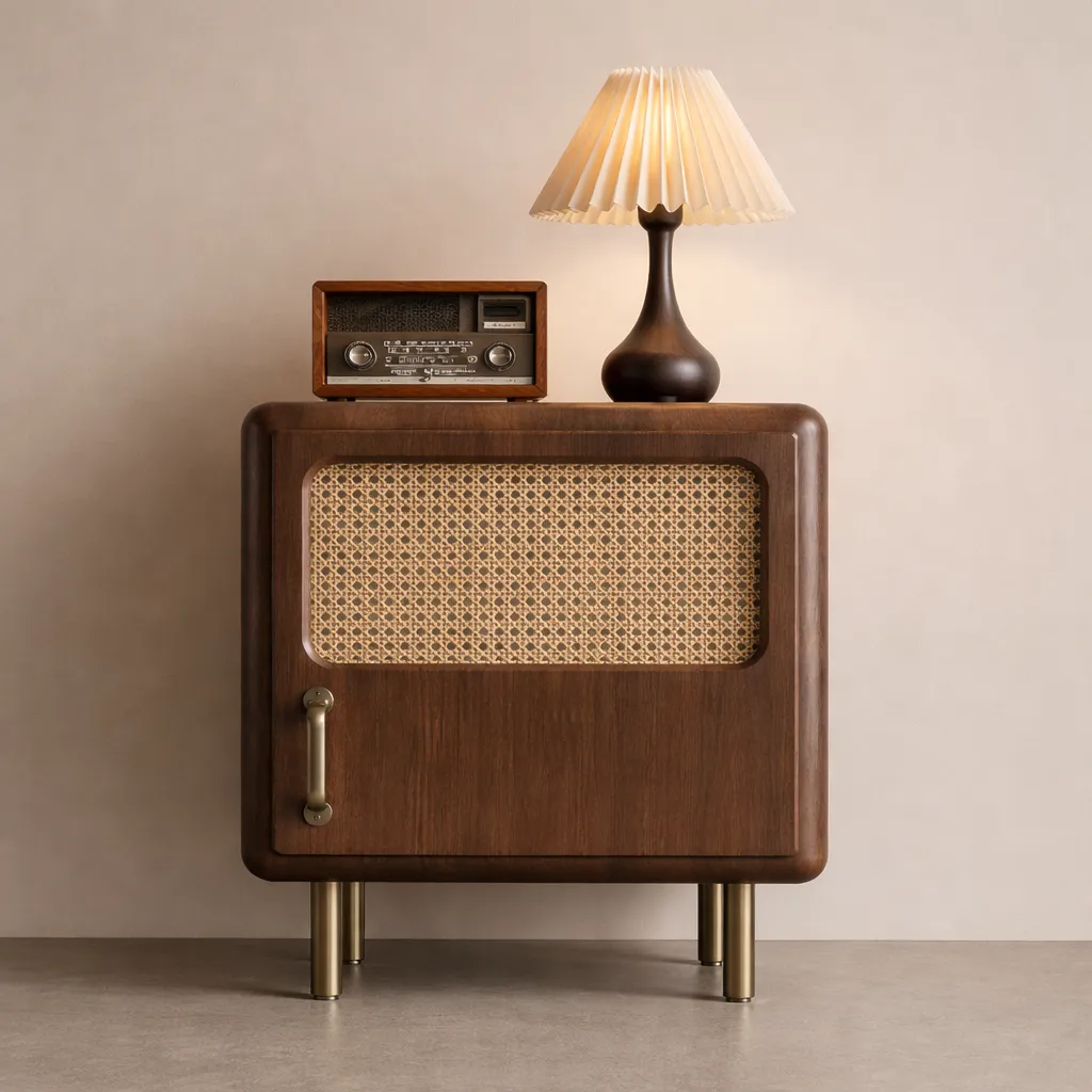 Retro Wooden Nightstand Set with Rattan Panel & Drawer Storage