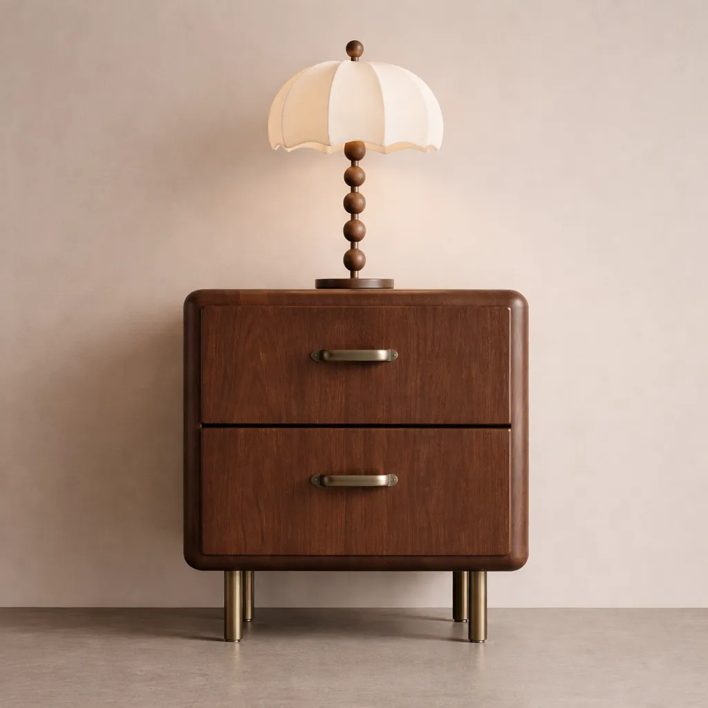 Retro Wooden Nightstand Set with Rattan Panel & Drawer Storage