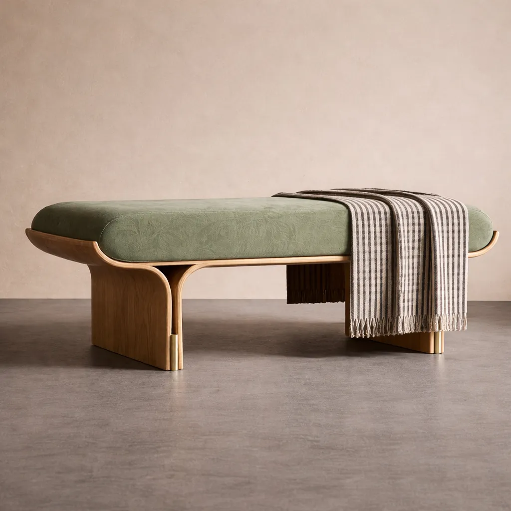 Modern Wooden Bench with Upholstered Cushion Seat