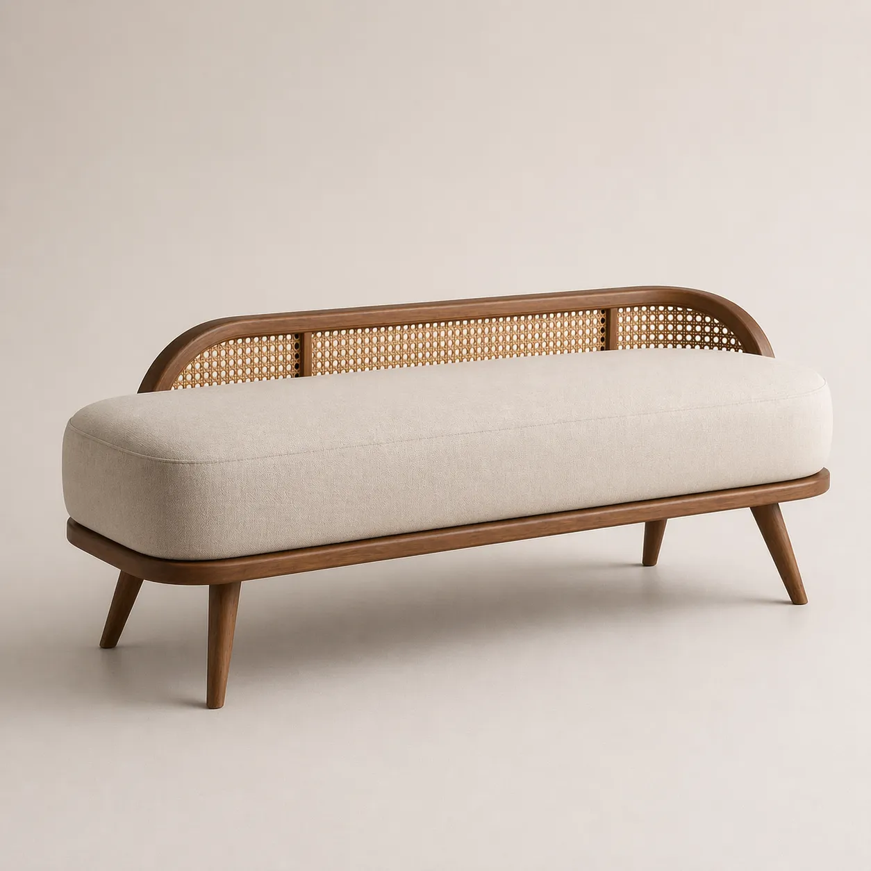 Modern Wooden Bench with Cane Backrest and Upholstered Seat