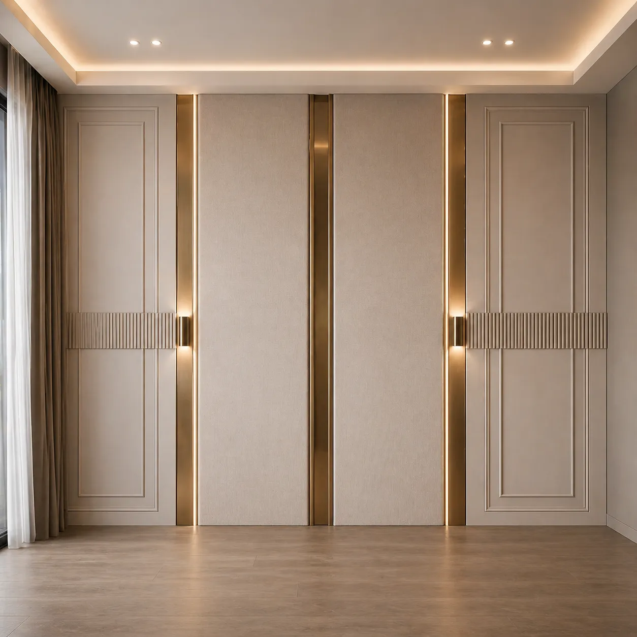 Luxury Bed Wall Cladding with Gold Metal Strips &amp; Upholstered Panels