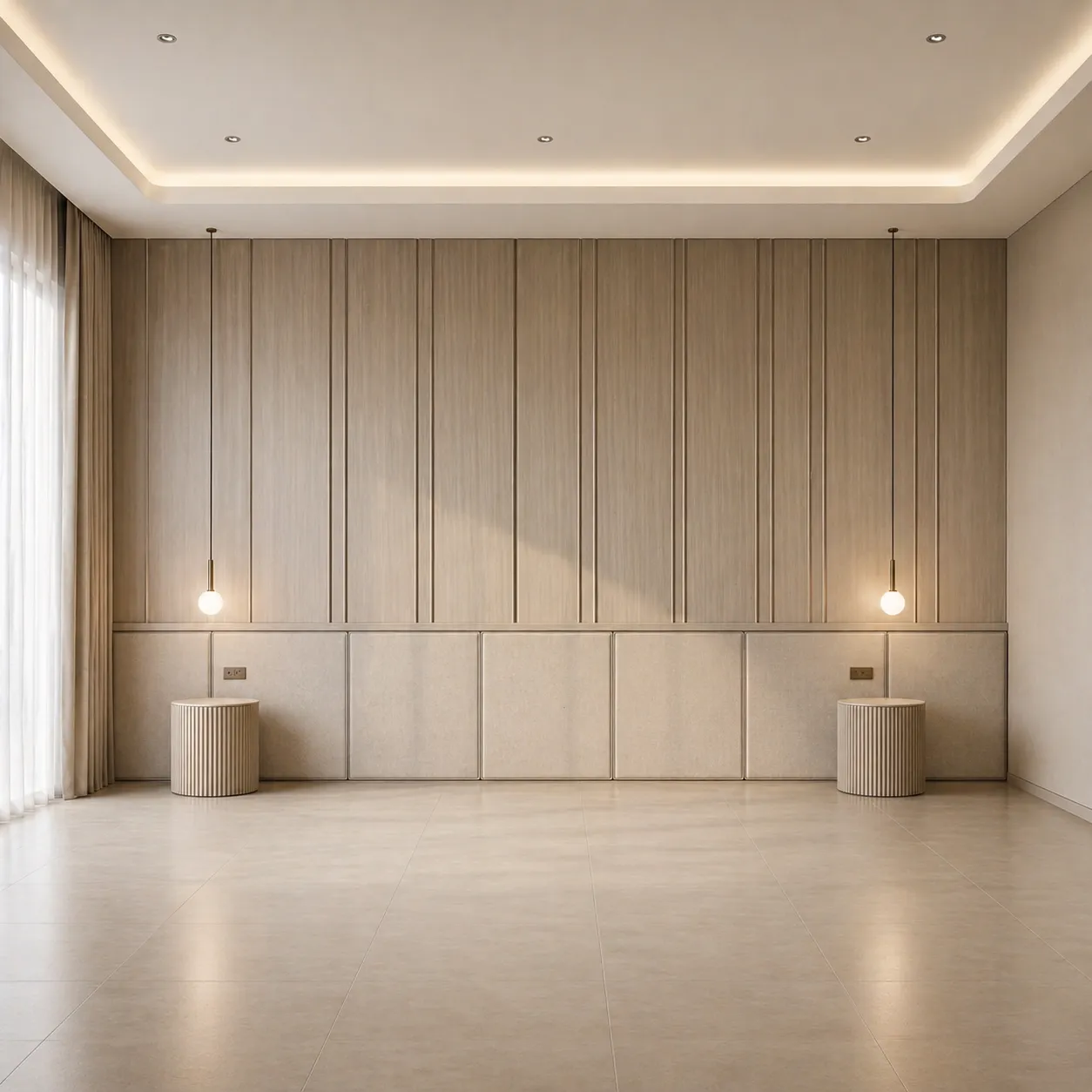 Modern Bedroom Wall Cladding with Vertical Wood Panels &amp; Upholstered Base