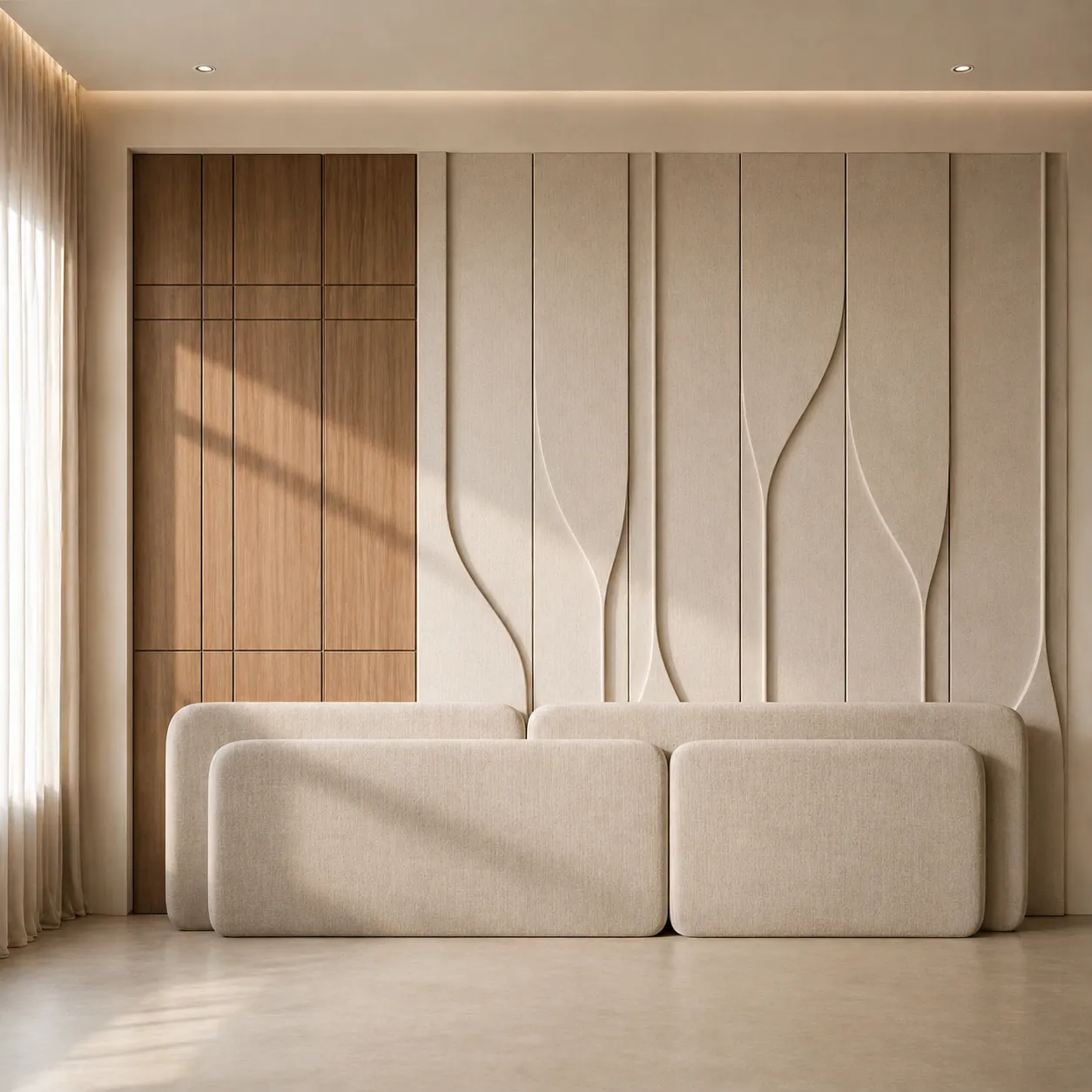 Modern Curved Panel Bed Wall Cladding with Wooden Accent