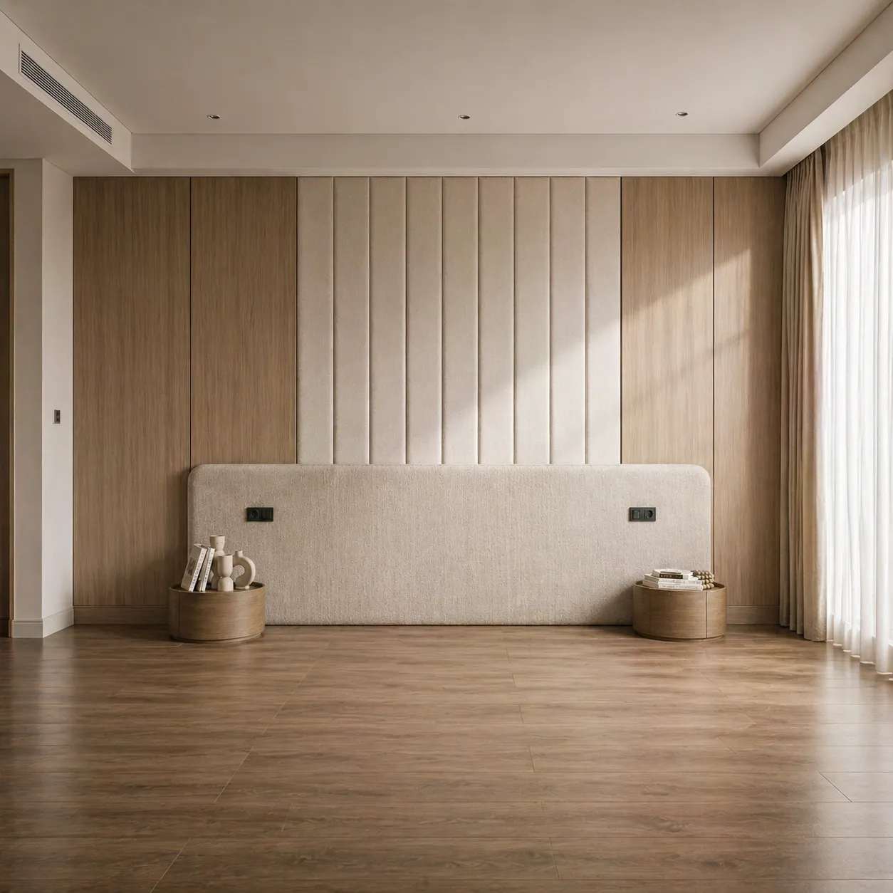 Luxury Bed Wall Cladding with Vertical Upholstered Panels &amp; Wooden Finish