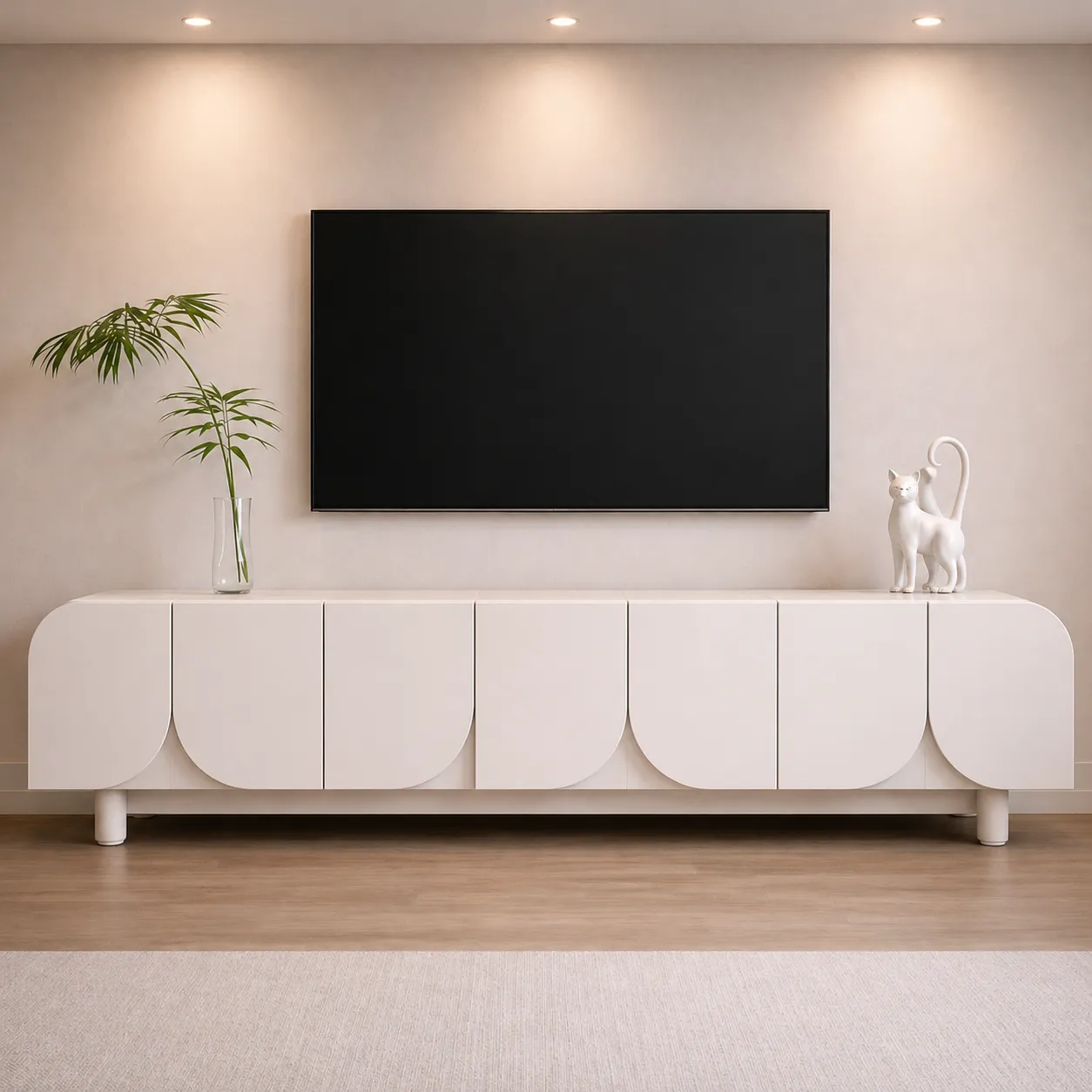 Modern White TV Unit with Curved Panels – Minimalist Luxury Console UAE