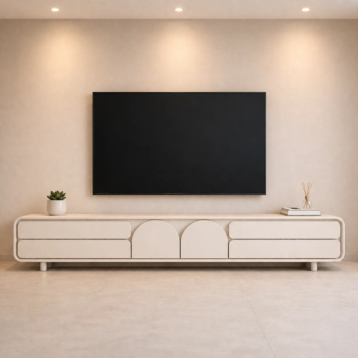 Modern Curved White TV Unit with Arch Panels – Luxury TV Console UAE
