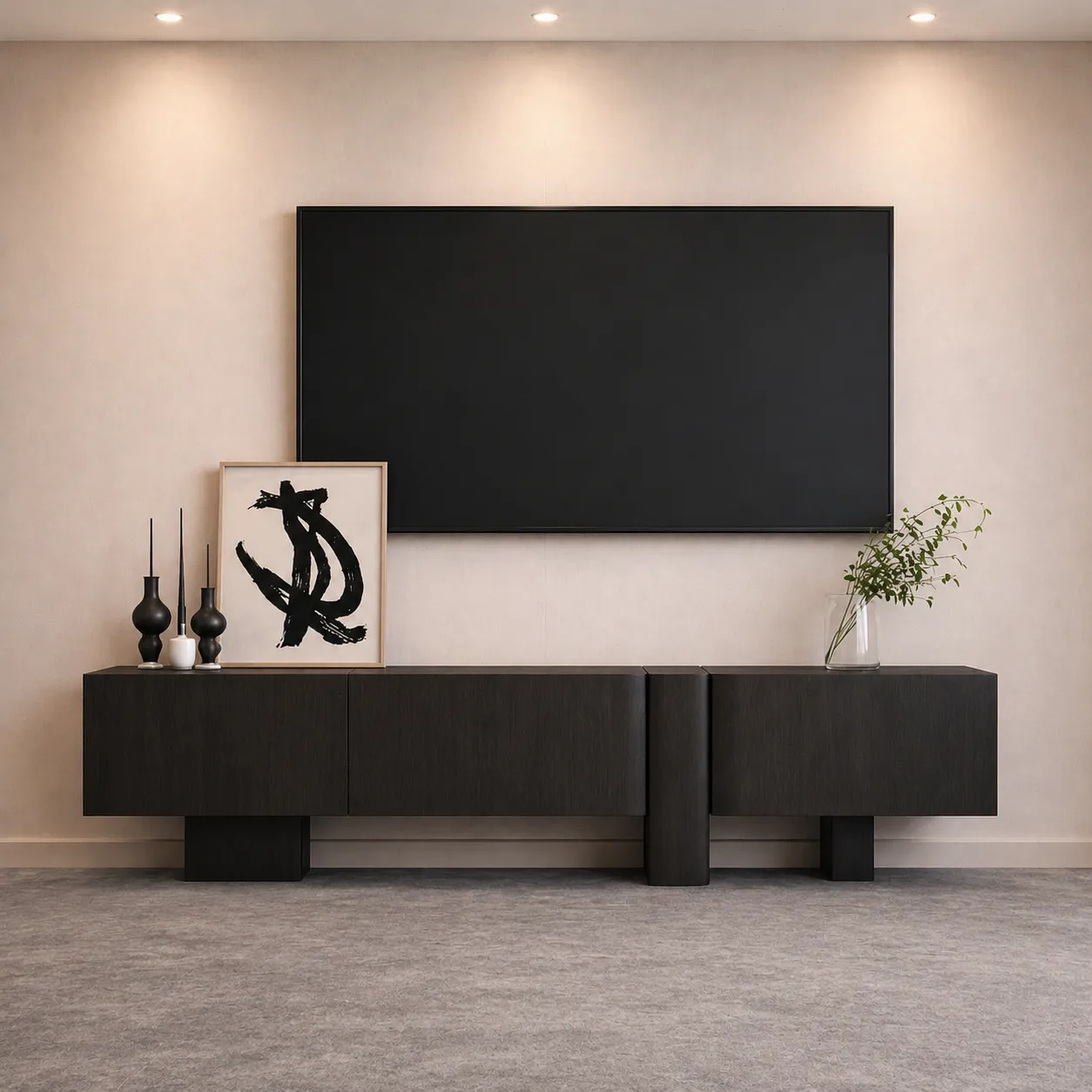 Modern Dark Wood TV Unit with Sculpted Base – Luxury Console UAE