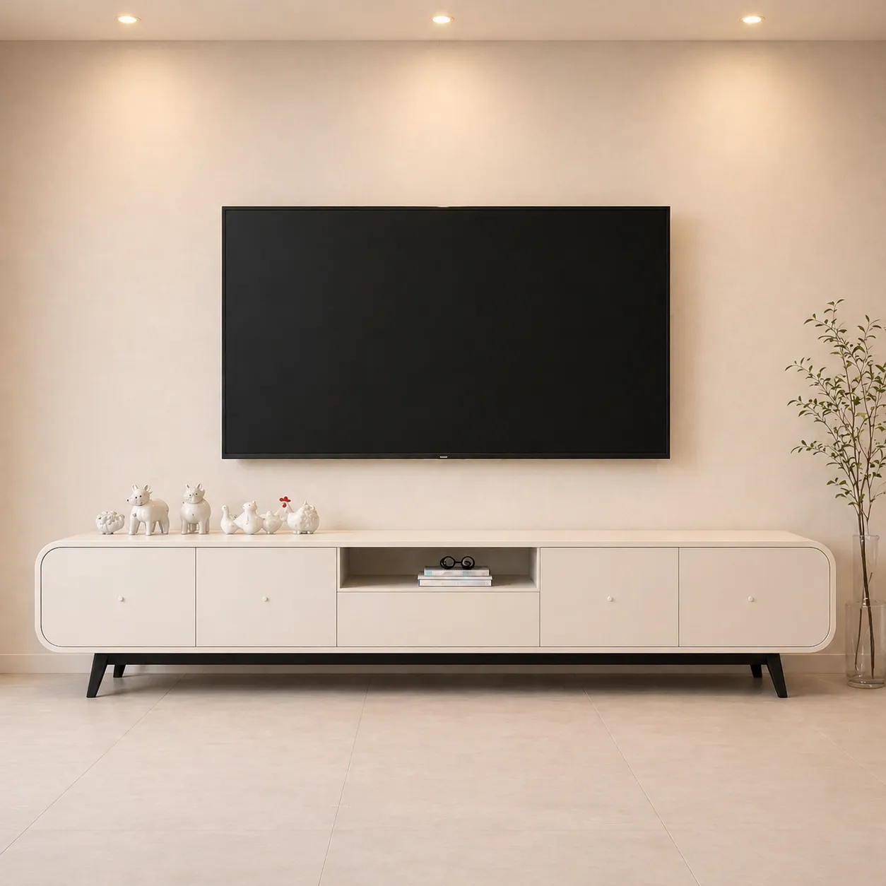 Long Modern White TV Unit with Open Shelf – Minimal TV Console UAE