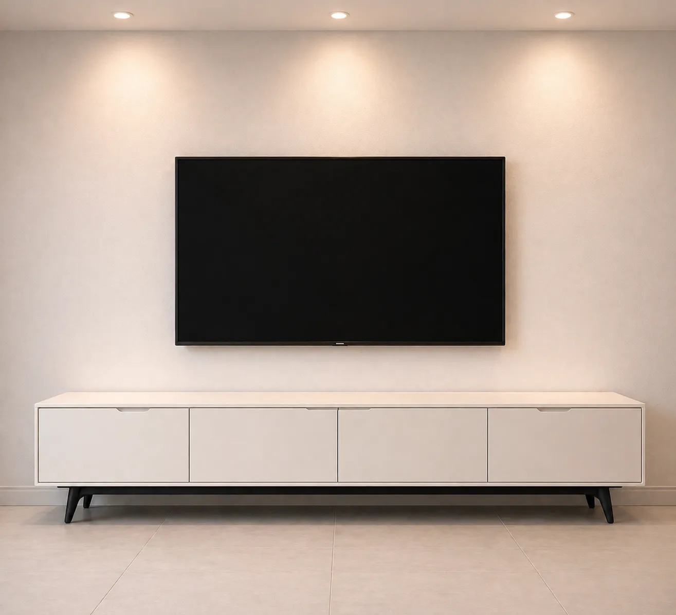 Minimal White Long TV Unit with Black Base – Modern TV Console UAE