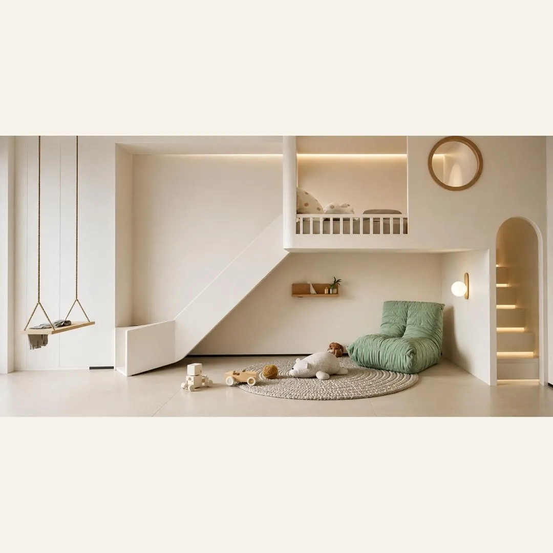 Custom Kids Room Interior with Loft Bed, Slide & Play Area