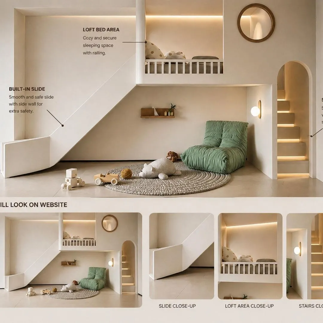 Custom Kids Room Interior with Loft Bed, Slide & Play Area