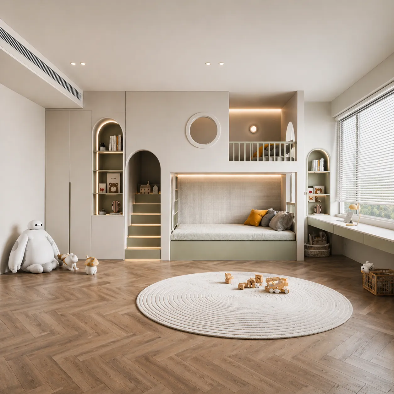 Luxury Kids Room Interior with Loft Bed, LED Stairs &amp; Study Area