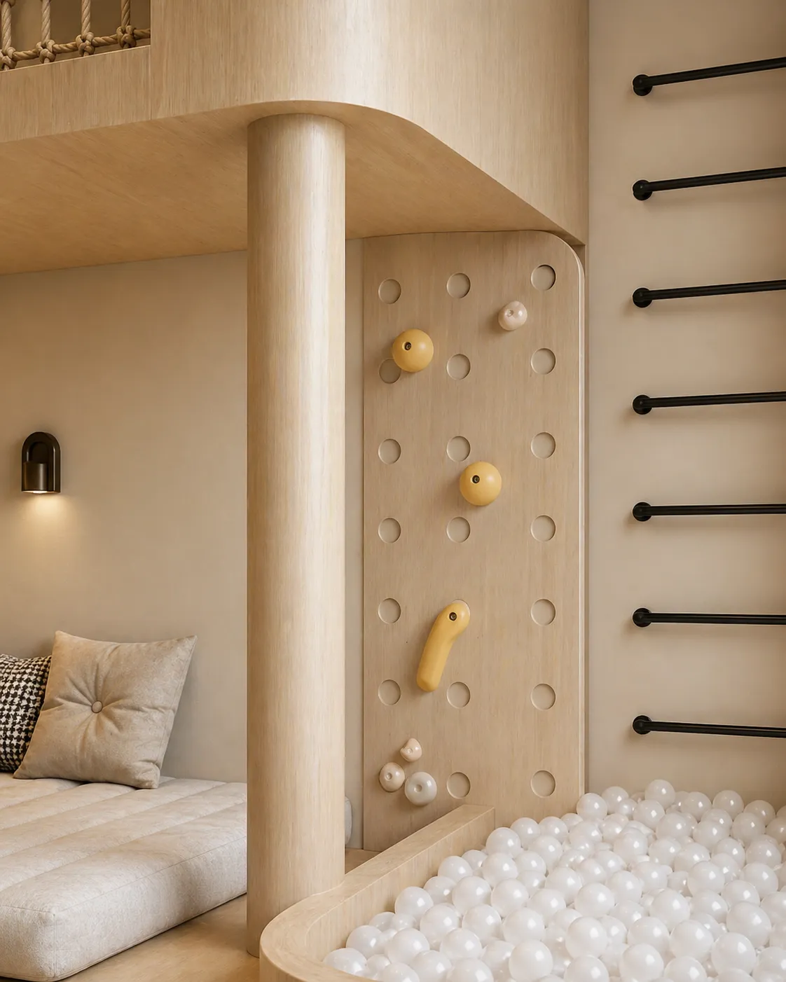 Luxury Kids Room Interior with Loft Bed, Rope Net & Play Zone