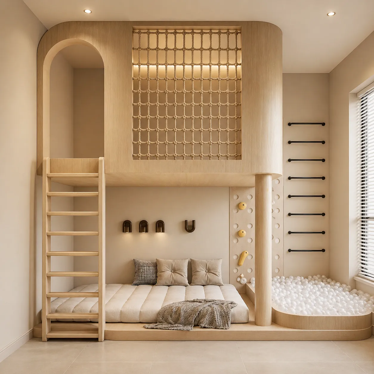Luxury Kids Room Interior with Loft Bed, Rope Net &amp; Play Zone