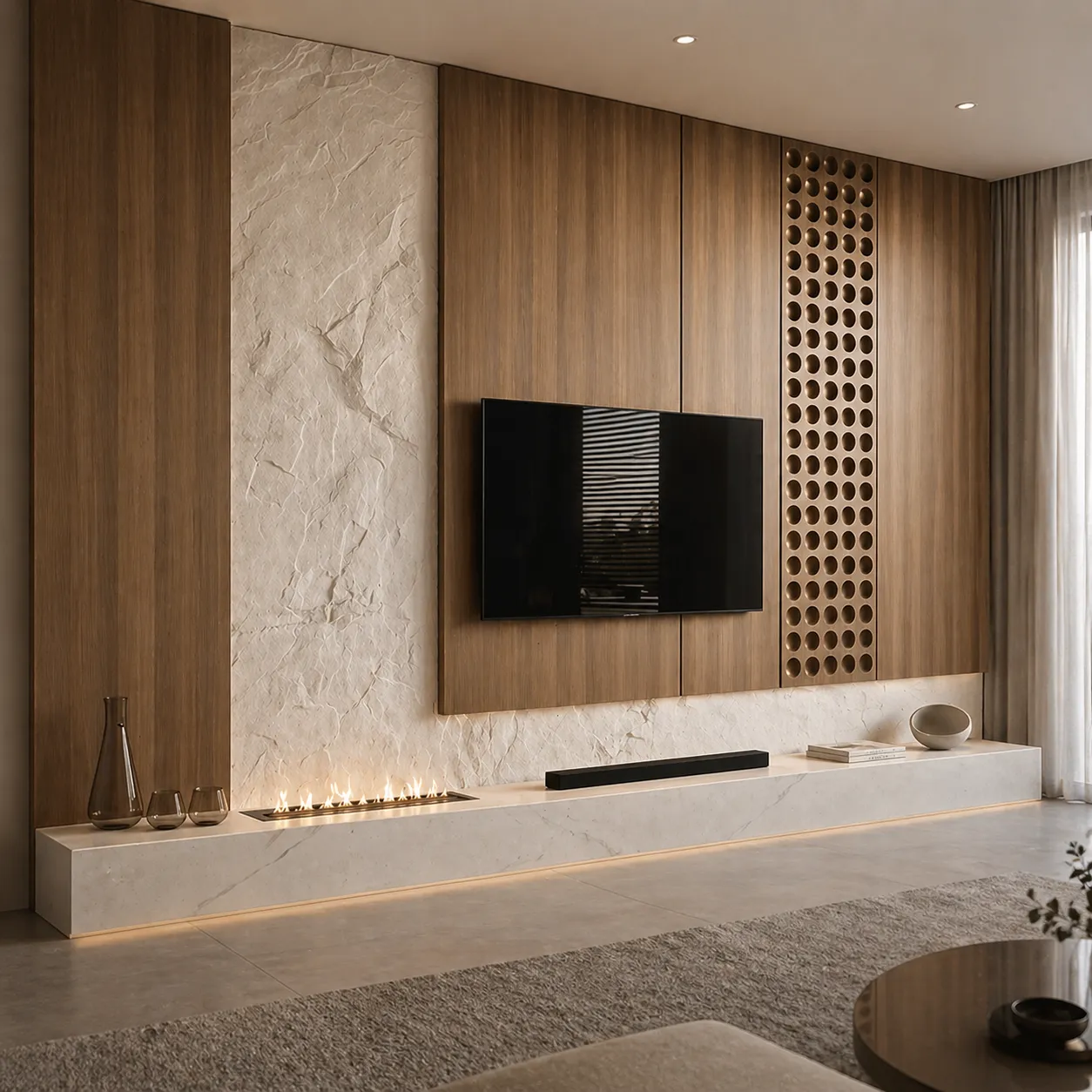 Luxury TV Wall Cladding with Stone Texture &amp; Perforated Wood Panel