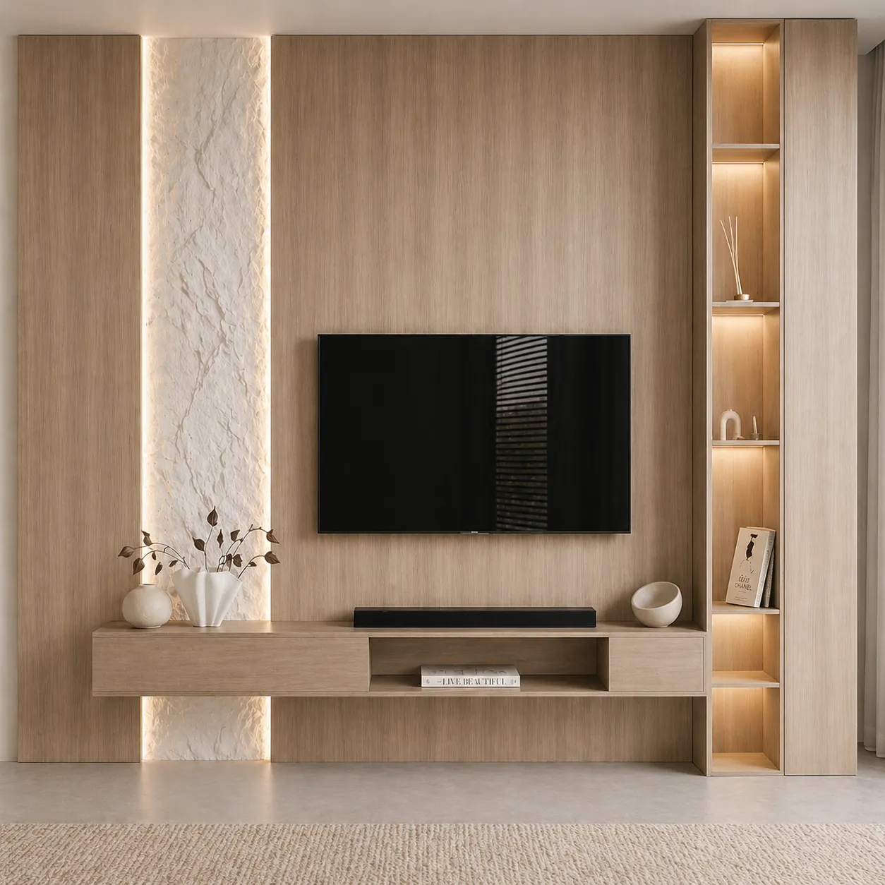 Luxury TV Wall Cladding with Stone Feature &amp; Display Shelving
