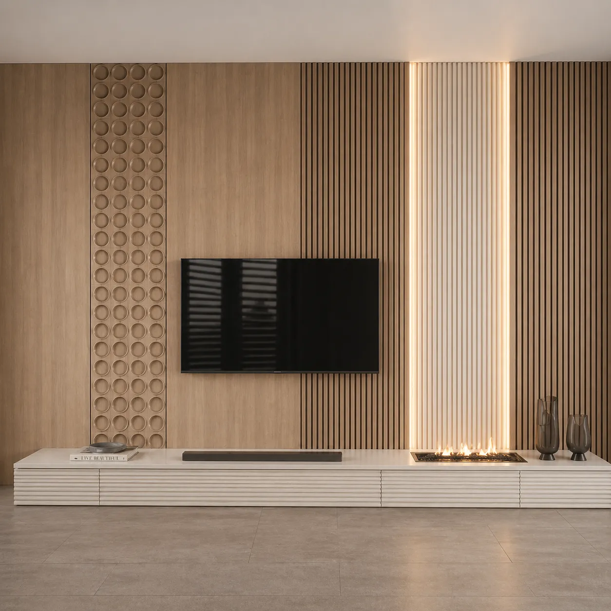 Luxury TV Wall Cladding with Fluted Panels, LED Strip &amp; Perforated Wood Design