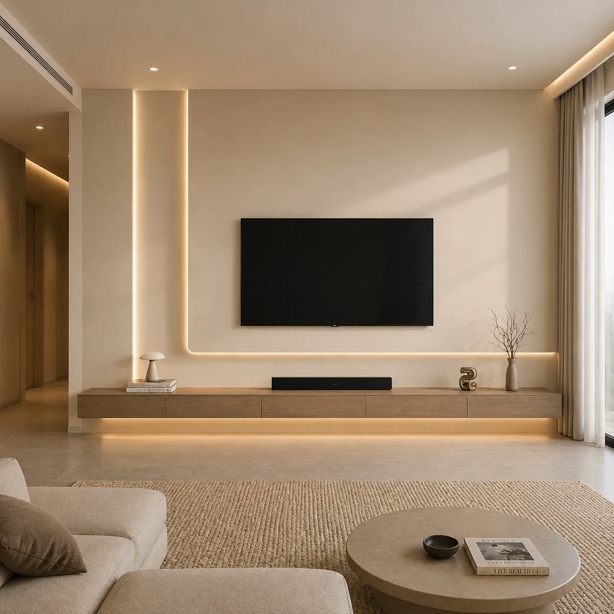 Minimal LED TV Wall Cladding with Floating Console