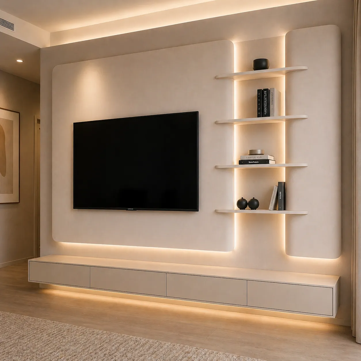 Luxury Soft Panel TV Wall with Floating Console &amp; LED Shelves