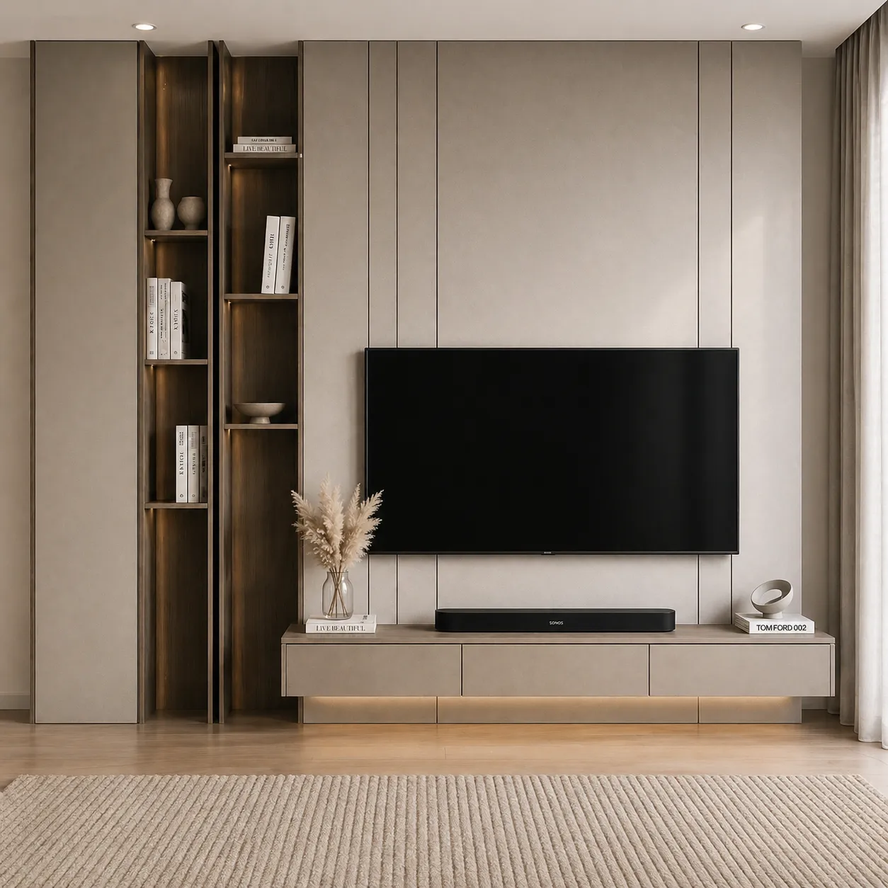 Modern TV Wall Cladding with Open Shelving &amp; Floating Console