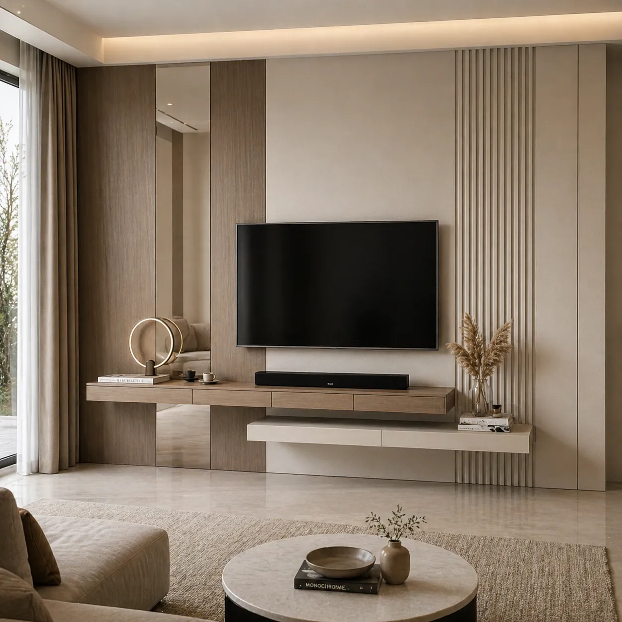 Modern TV Wall Cladding with Mirror Panel &amp; Floating Dual Console