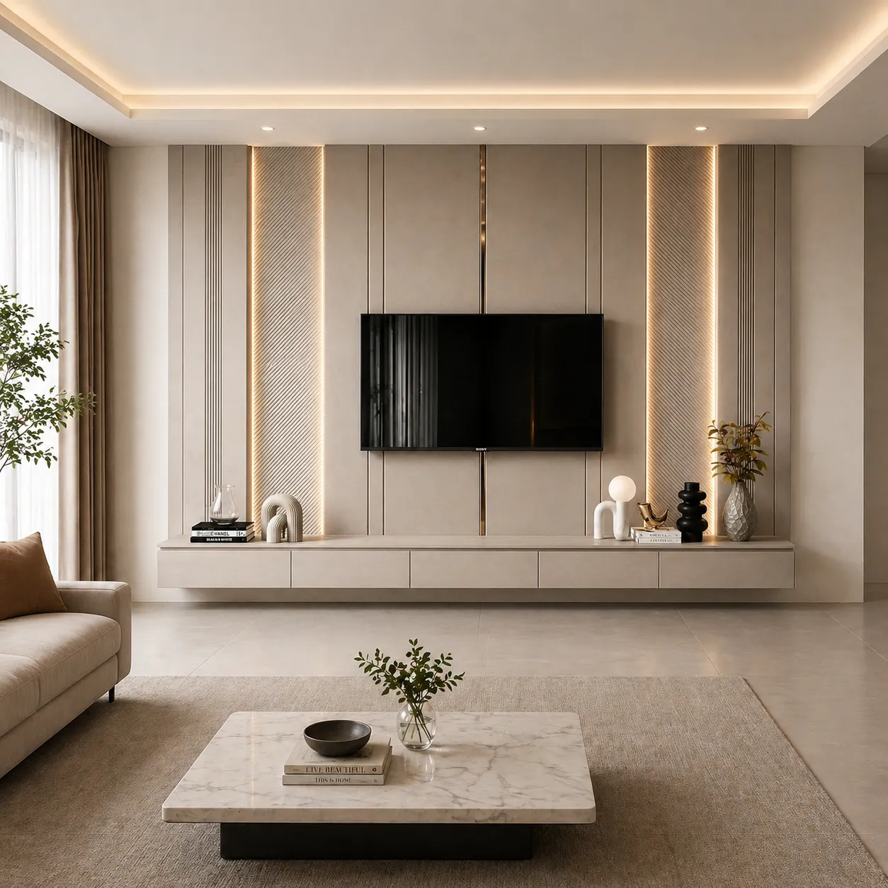 Luxury TV Wall Cladding with Vertical Panels &amp; Warm LED Accents