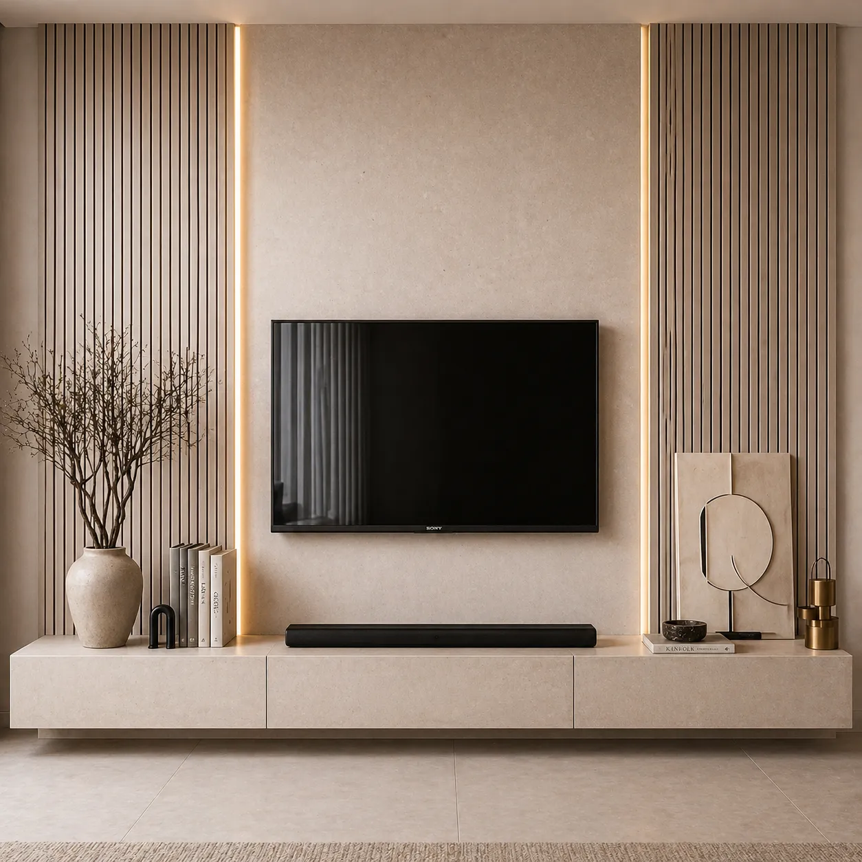 Modern Fluted TV Wall with Soft Panel Center &amp; LED Lighting