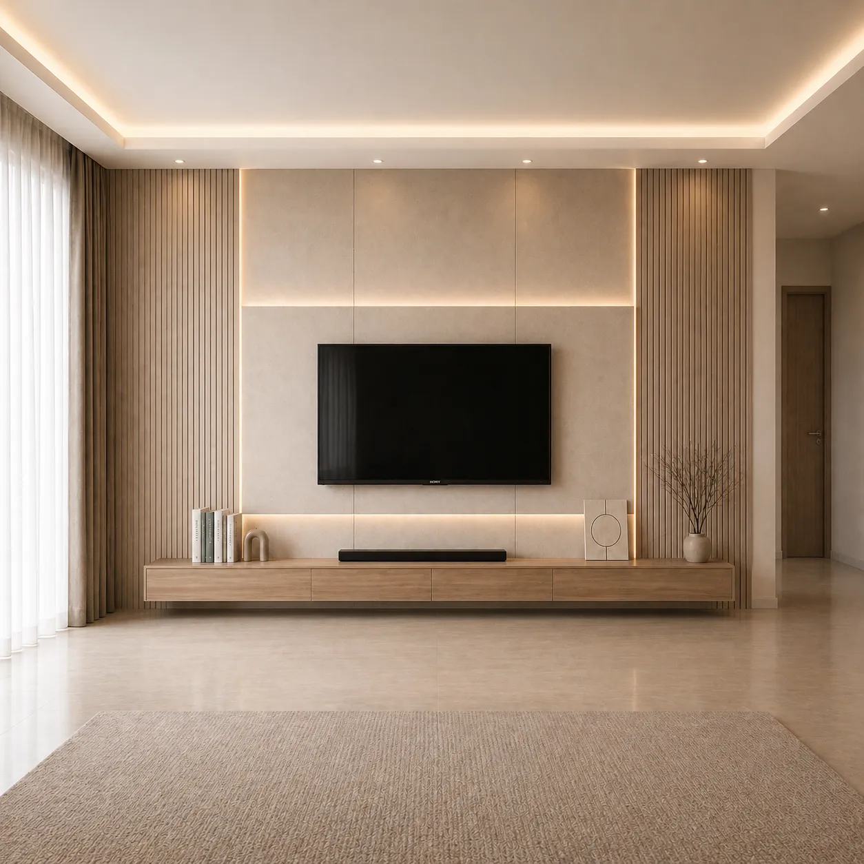 Modern Fluted TV Wall Cladding with LED Frame Design