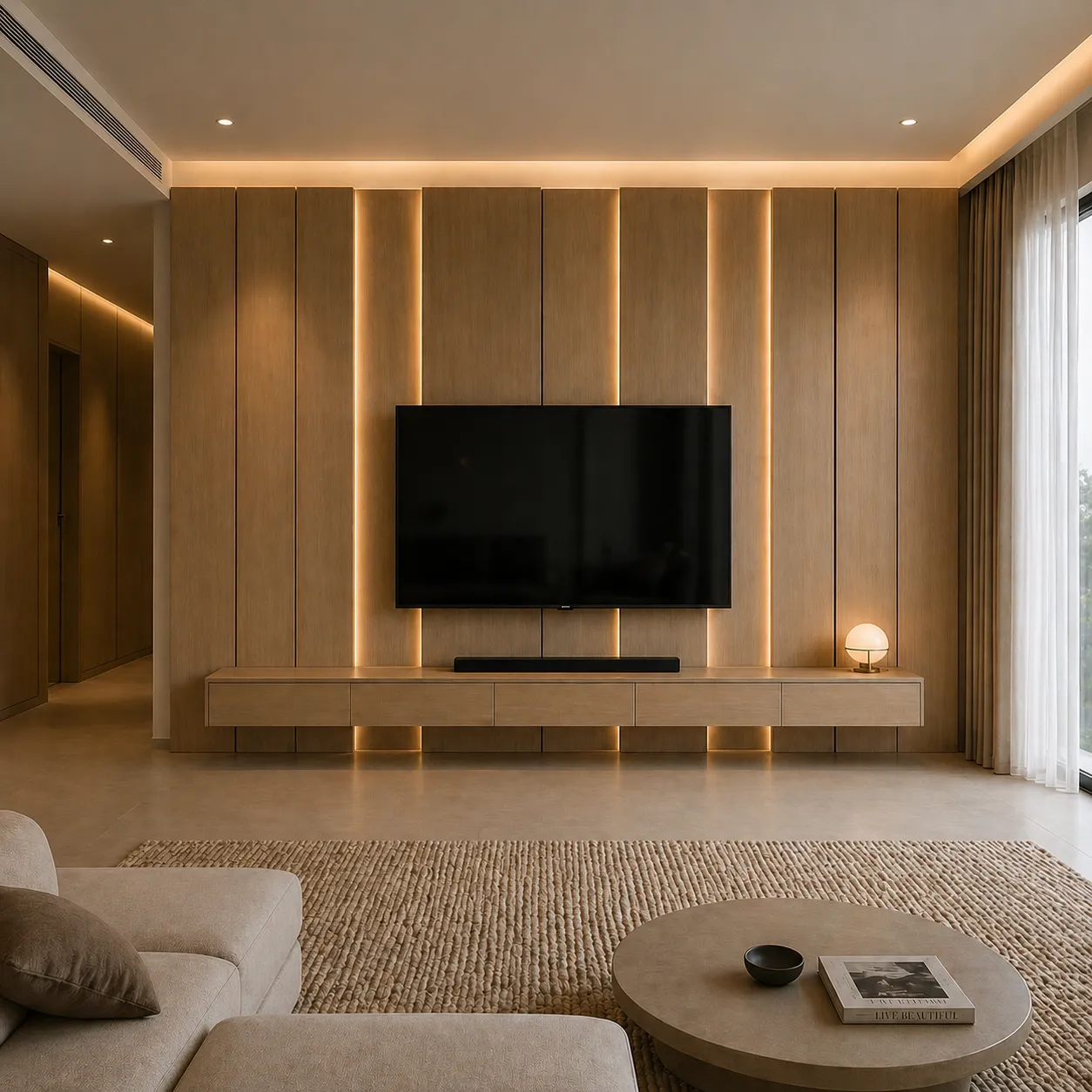 Modern Wooden TV Wall Cladding with LED Panels