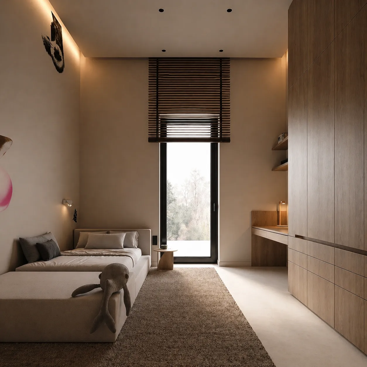 Modern Kids Room Interior with Low Bed, Study Area &amp; Storage Design
