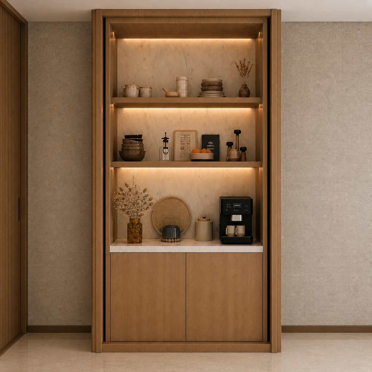 Modern Coffee Corner with Wooden Shelving &amp; Ambient Lighting