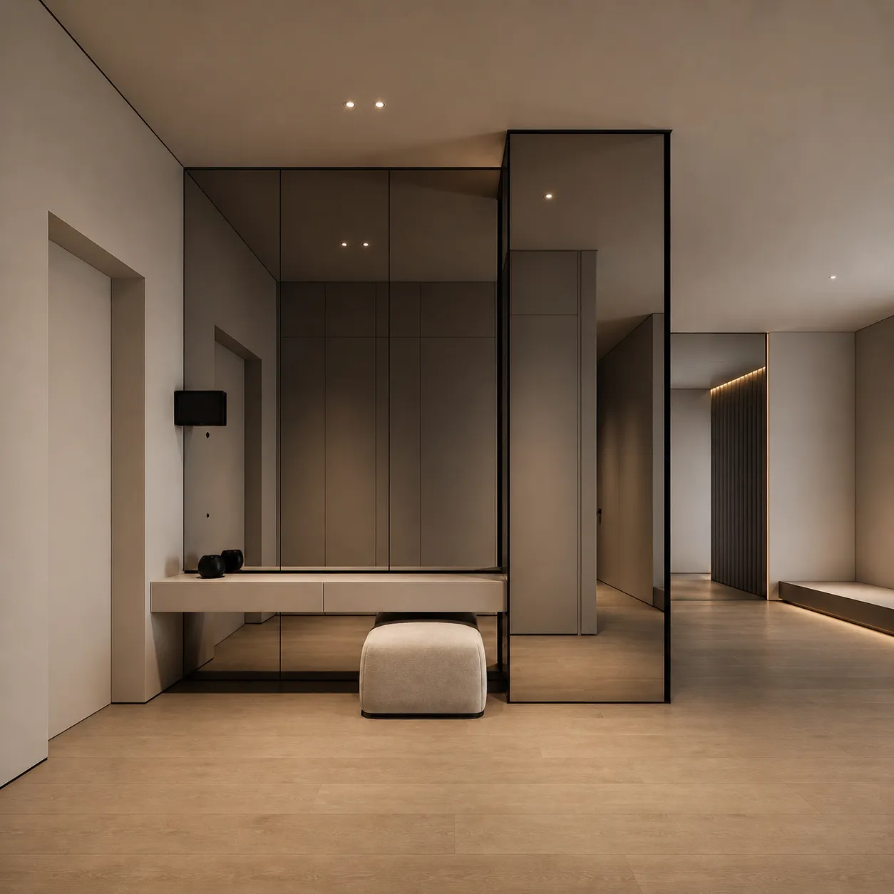 Modern Minimal Vanity Interior with Glass Partition &amp; Mirror Wall
