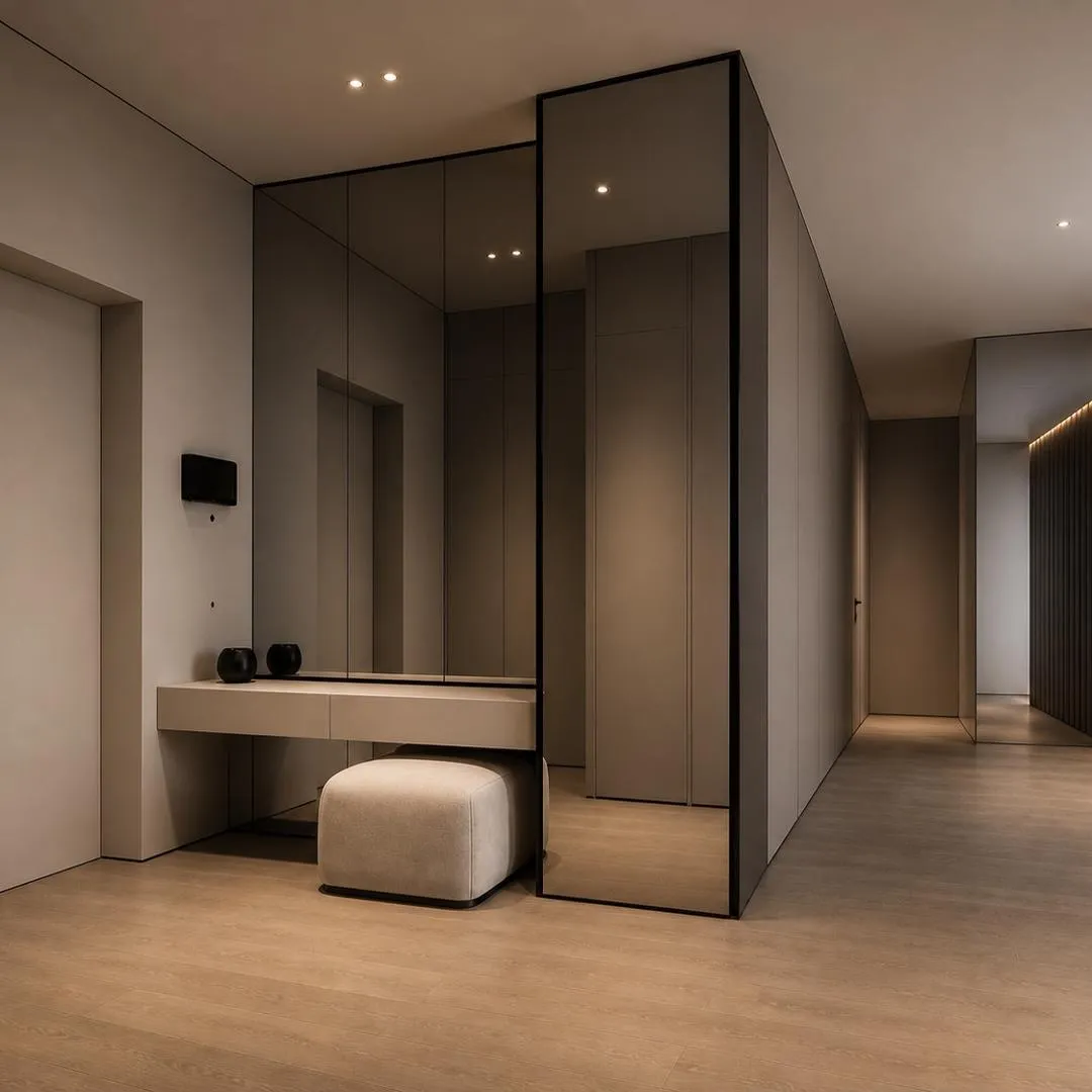 Modern Minimal Vanity Interior with Glass Partition & Mirror Wall