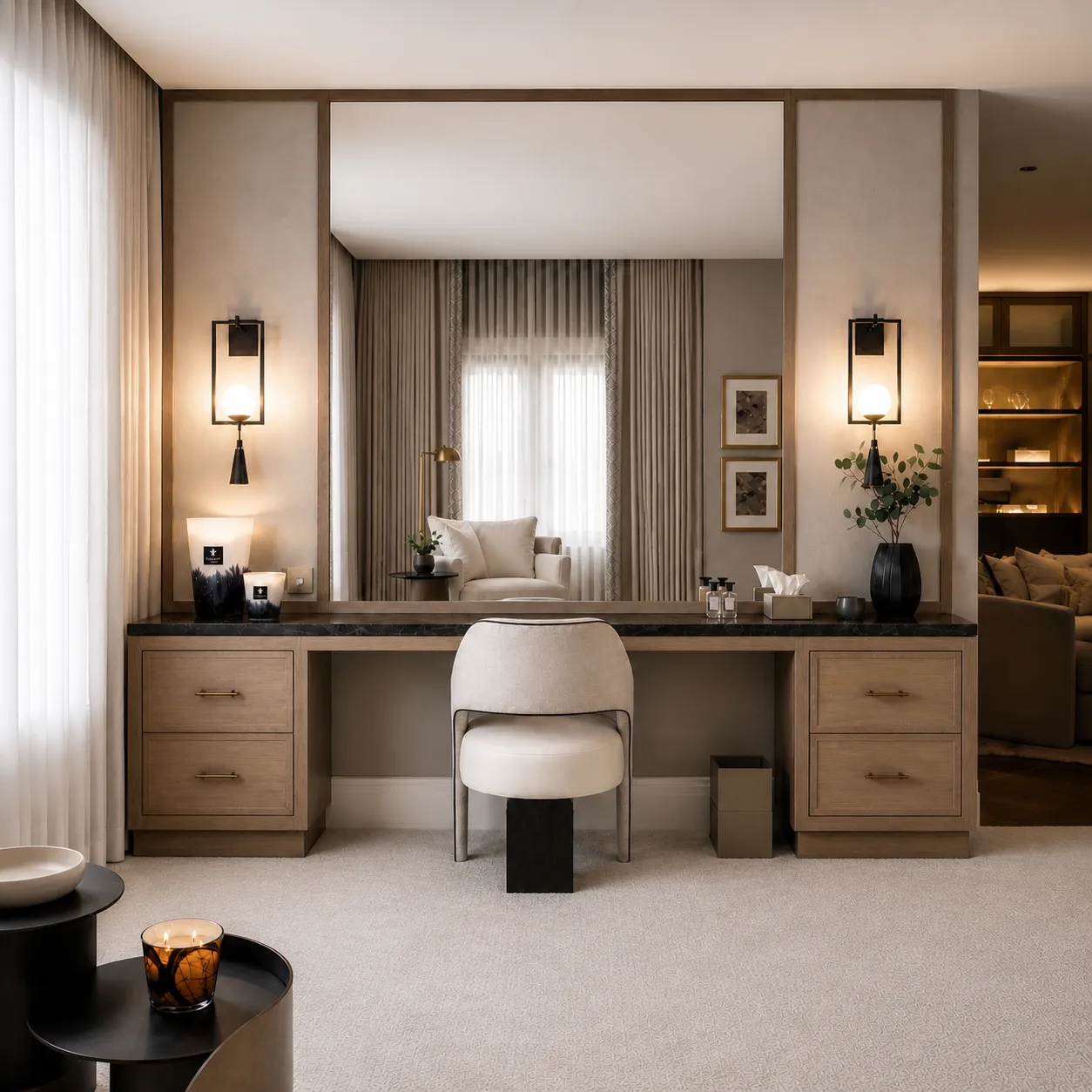 Luxury Double Drawer Vanity Interior with Mirror &amp; Wall Lights