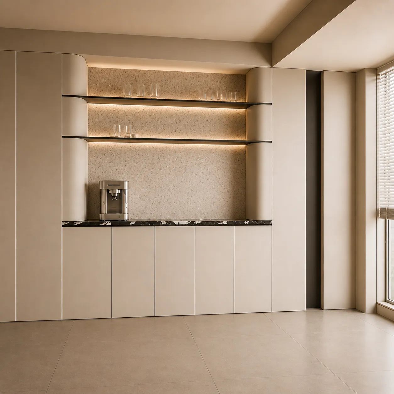 Minimal Beige Coffee Corner with Floating Shelves